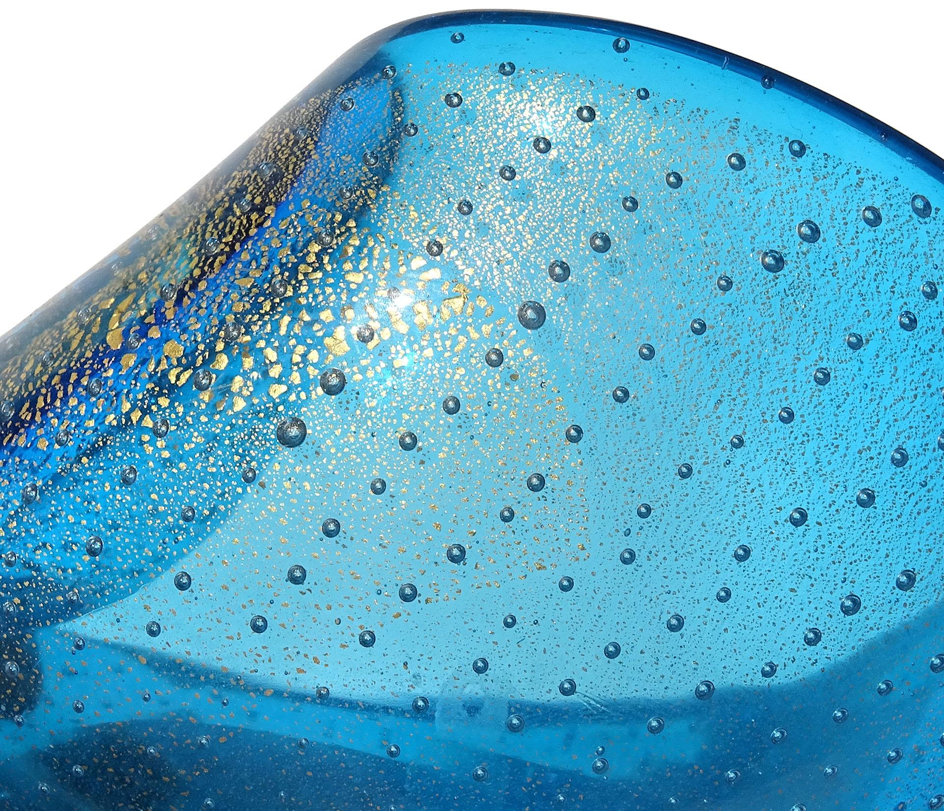 Murano Sapphire Blue Gold Flecks Bubbles Italian Art Glass Tear Water Drop Bowl For Sale 2