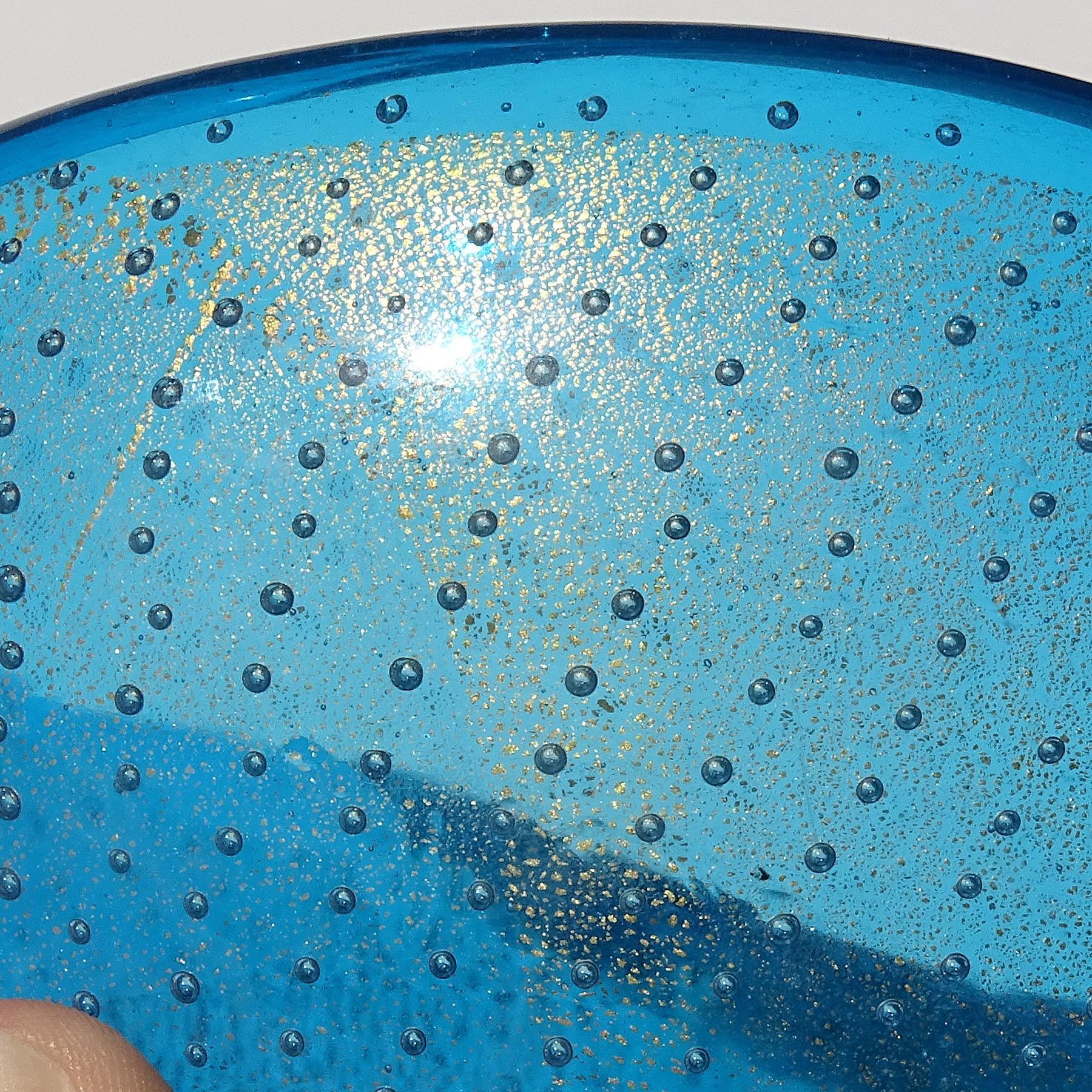 Murano Sapphire Blue Gold Flecks Bubbles Italian Art Glass Tear Water Drop Bowl For Sale 3