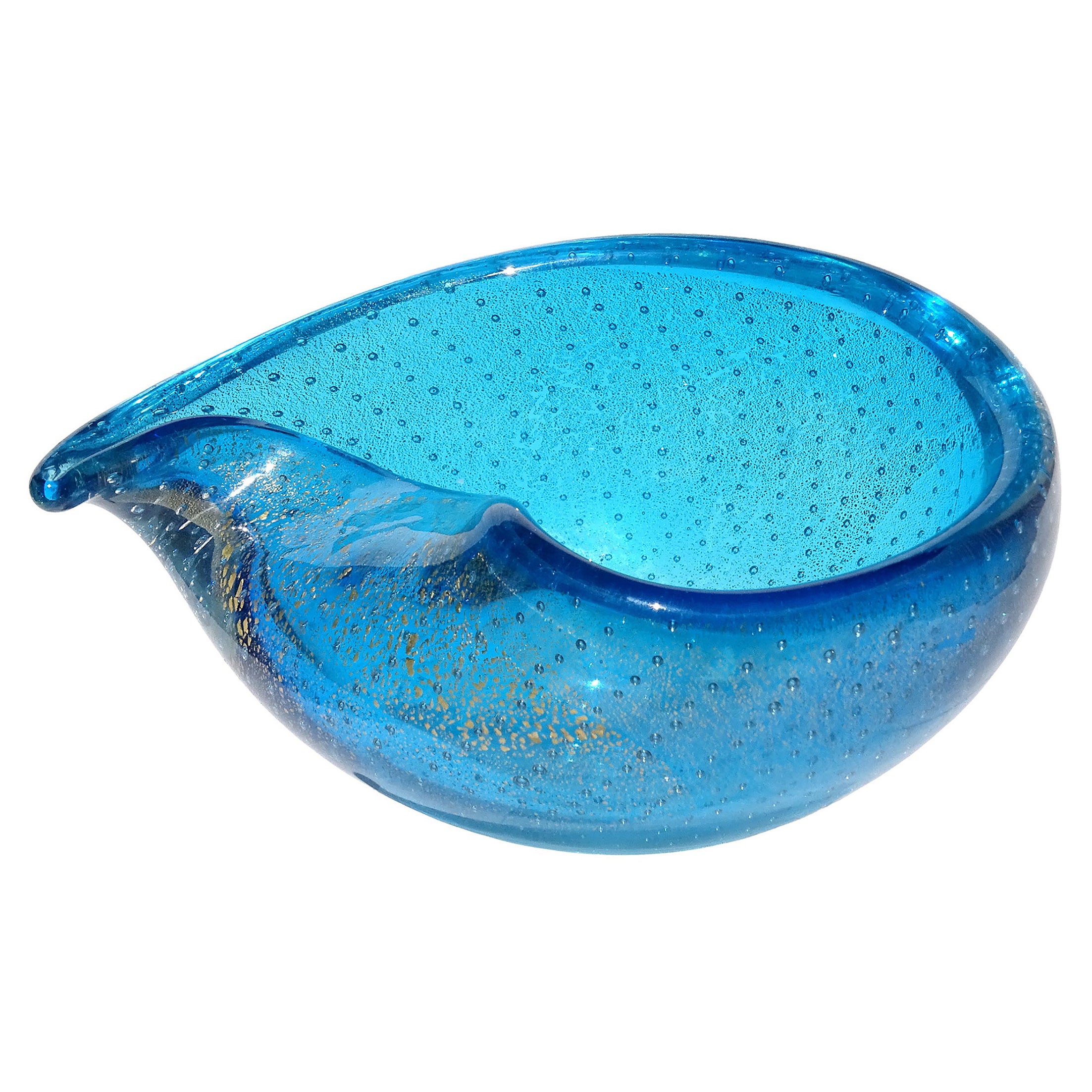 Murano Sapphire Blue Gold Flecks Bubbles Italian Art Glass Tear Water Drop Bowl For Sale
