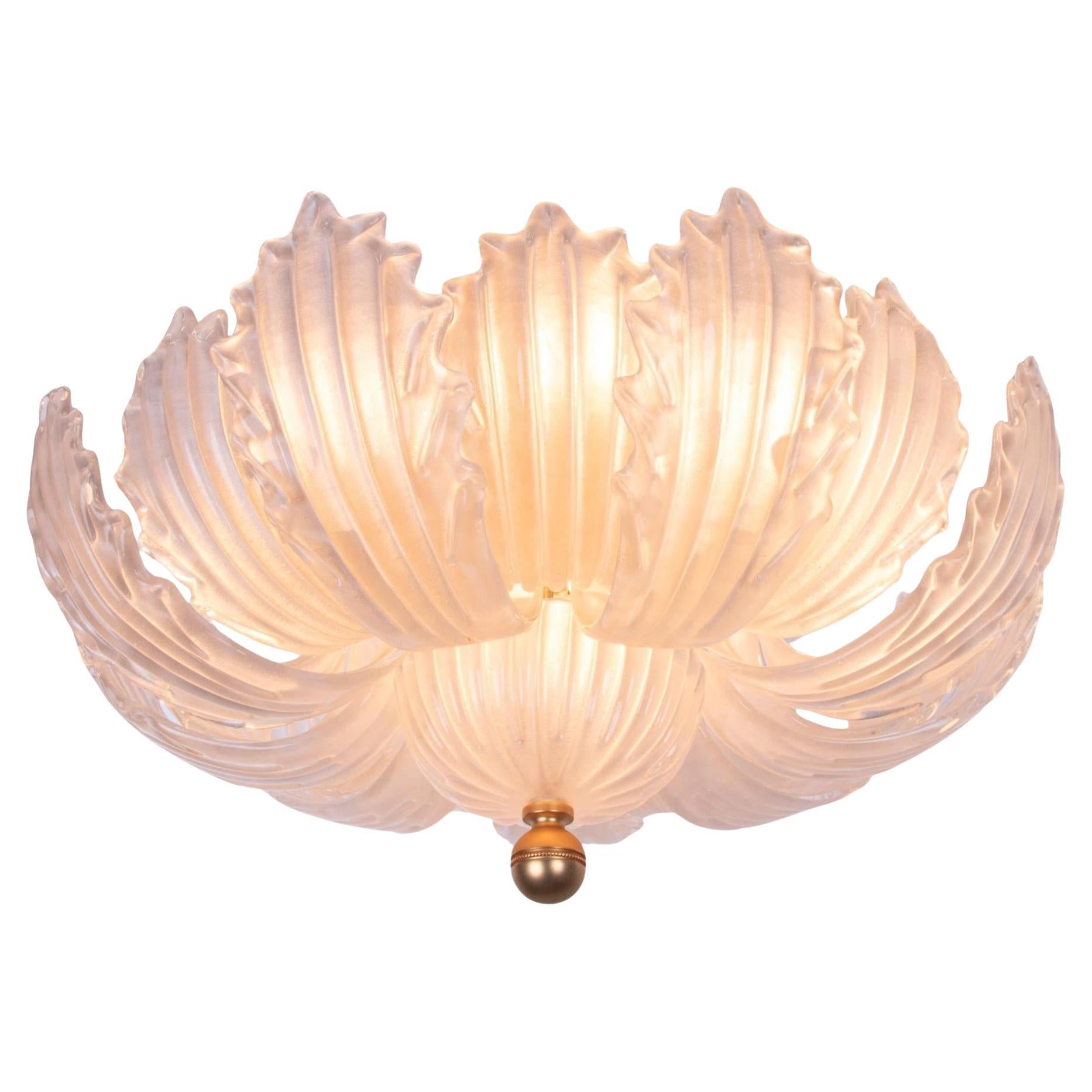 Murano Satin 25.6" Flush Mount Glass & Brass Chandelier, Barovier & Toso, Italy