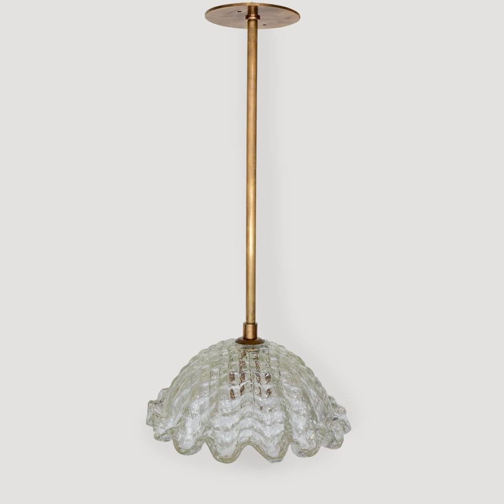 Lovely Italian glass pendant light with blown Murano glass dome shade with wavy scalloped edge. Newly wired and newly added brass stem and
 plate. Takes one E12 base bulb, 40W or higher using LED.

Overall height is 20
