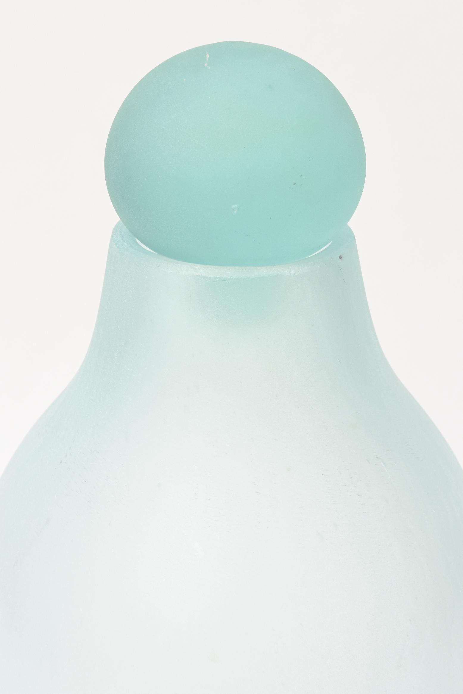 Modern Murano Scavo Turquoise Decanter Bottle with Ball Stopper Attributed Cenedese
