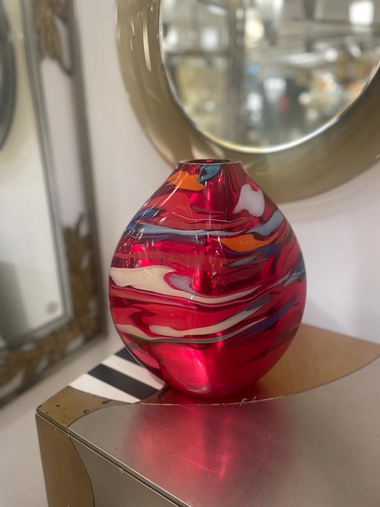 Modern Murano Sculptural Mirrored Red Colored Vase Signed by Davide Dona For Sale