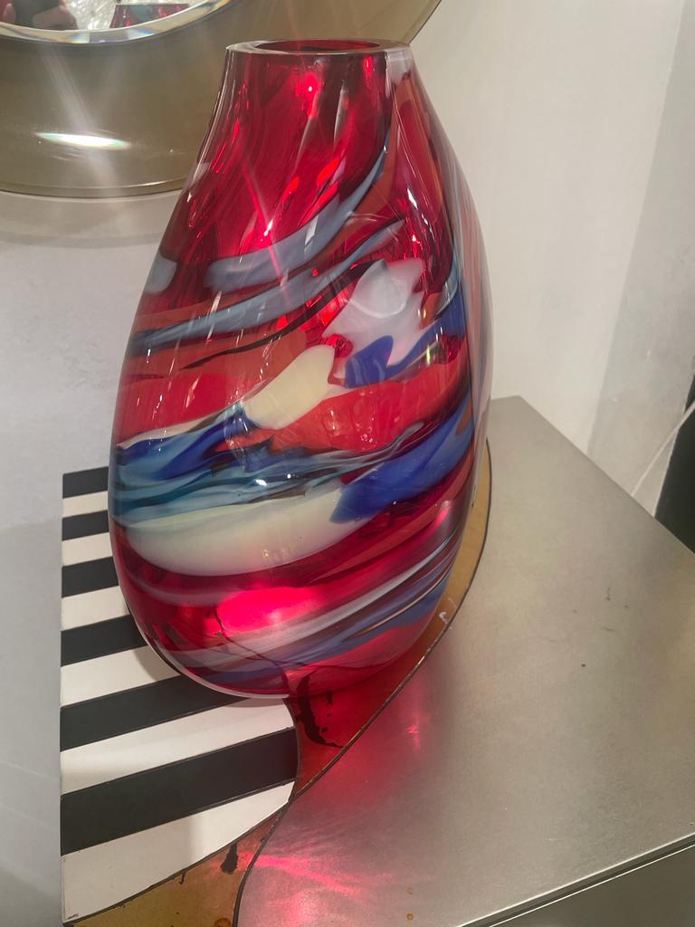 Contemporary Murano Sculptural Mirrored Red Colored Vase Signed by Davide Dona For Sale