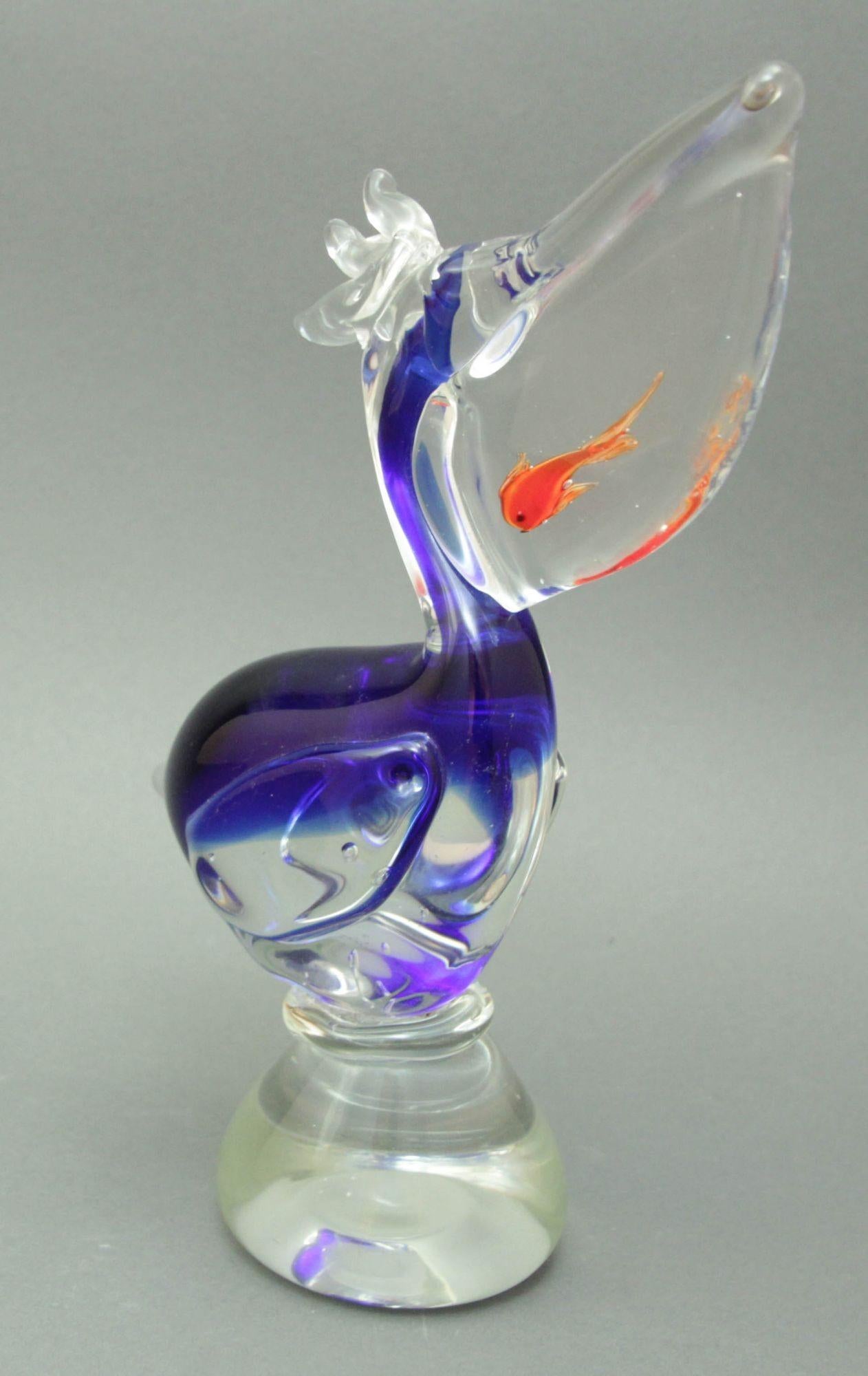 Hand-Crafted Murano Sculpture Hand Blown Glass Pelican with Goldfish Italian Design 1960s