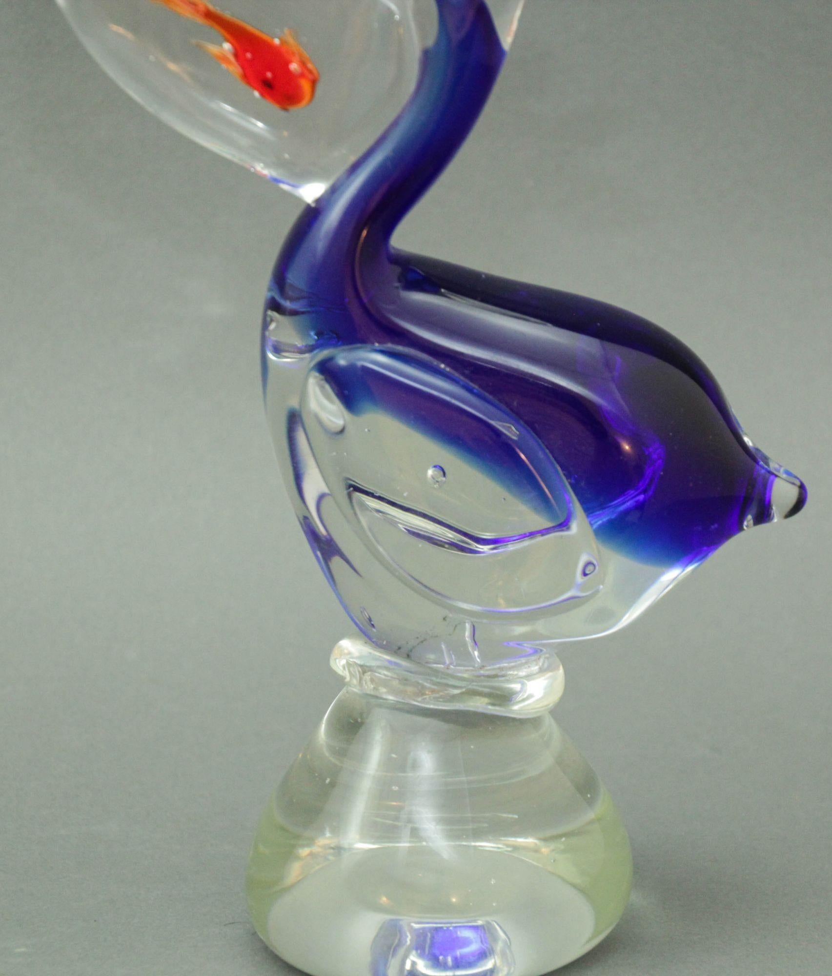 Art Glass Murano Sculpture Hand Blown Glass Pelican with Goldfish Italian Design 1960s