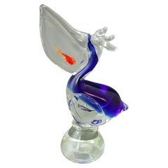 Murano Sculpture Hand Blown Glass Pelican with Goldfish Italian Design 1960s