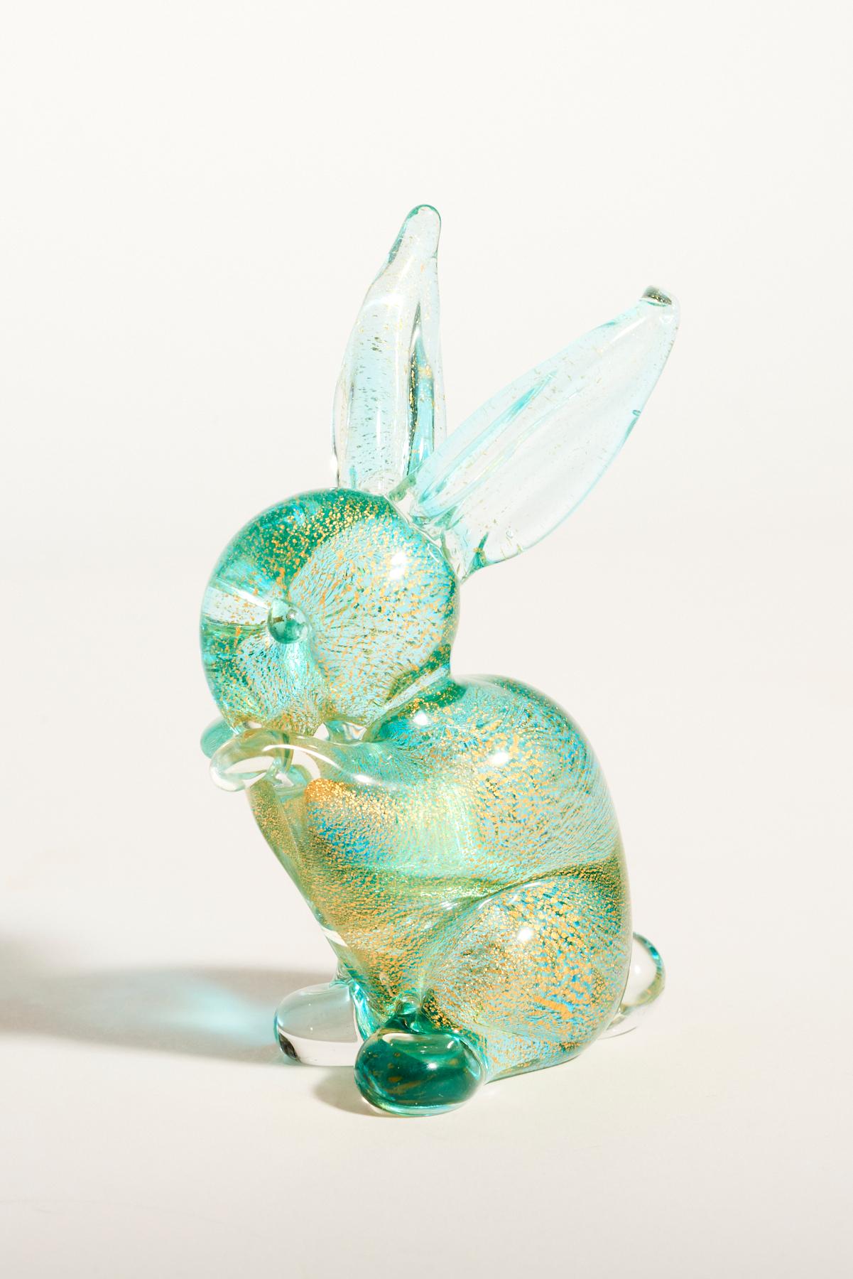 Mid-Century Modern Murano Sea Green Gold Flecked Rabbit