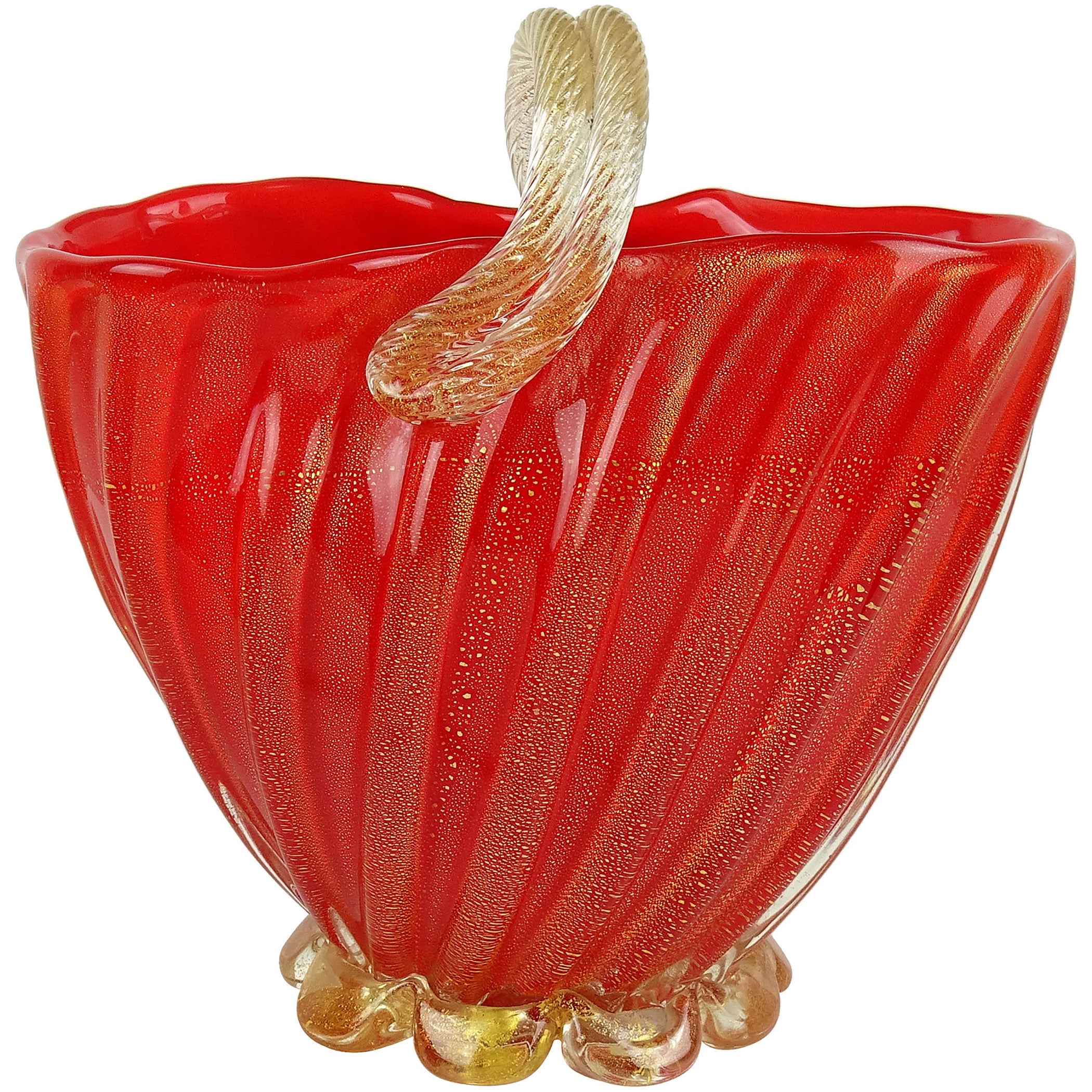 Murano Seguso 1950s Coral Red Gold Flecks Italian Art Glass Flower Basket Vase