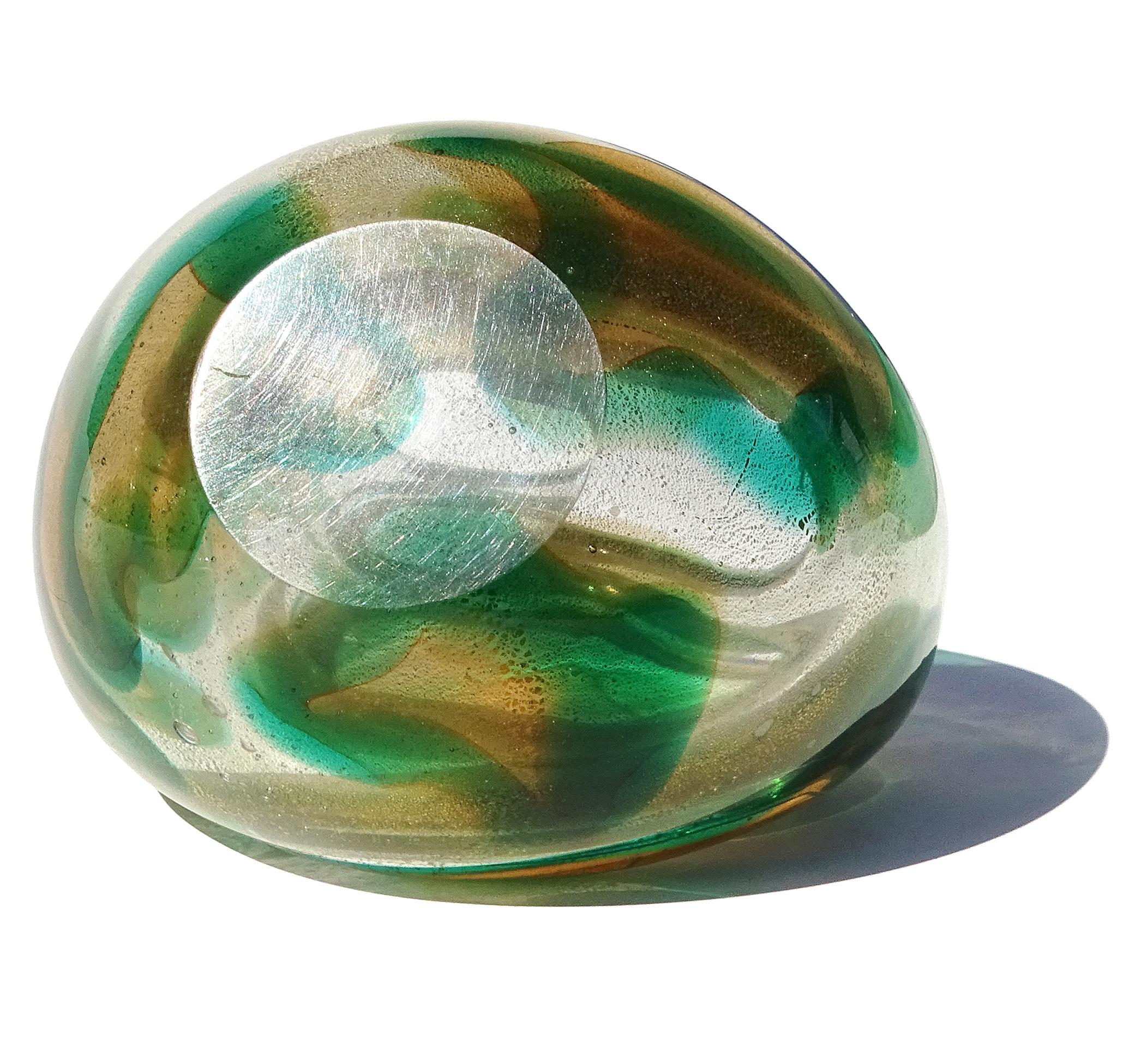 Murano Seguso 1952 Macchia Ambra Verde Gold Flecks Italian Art Glass Basket Vase For Sale 4