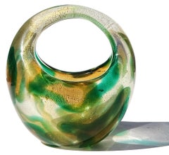 Vaso a cestello in vetro artistico di Murano Seguso 1952 Macchia Ambra Verde a macchie d'oro