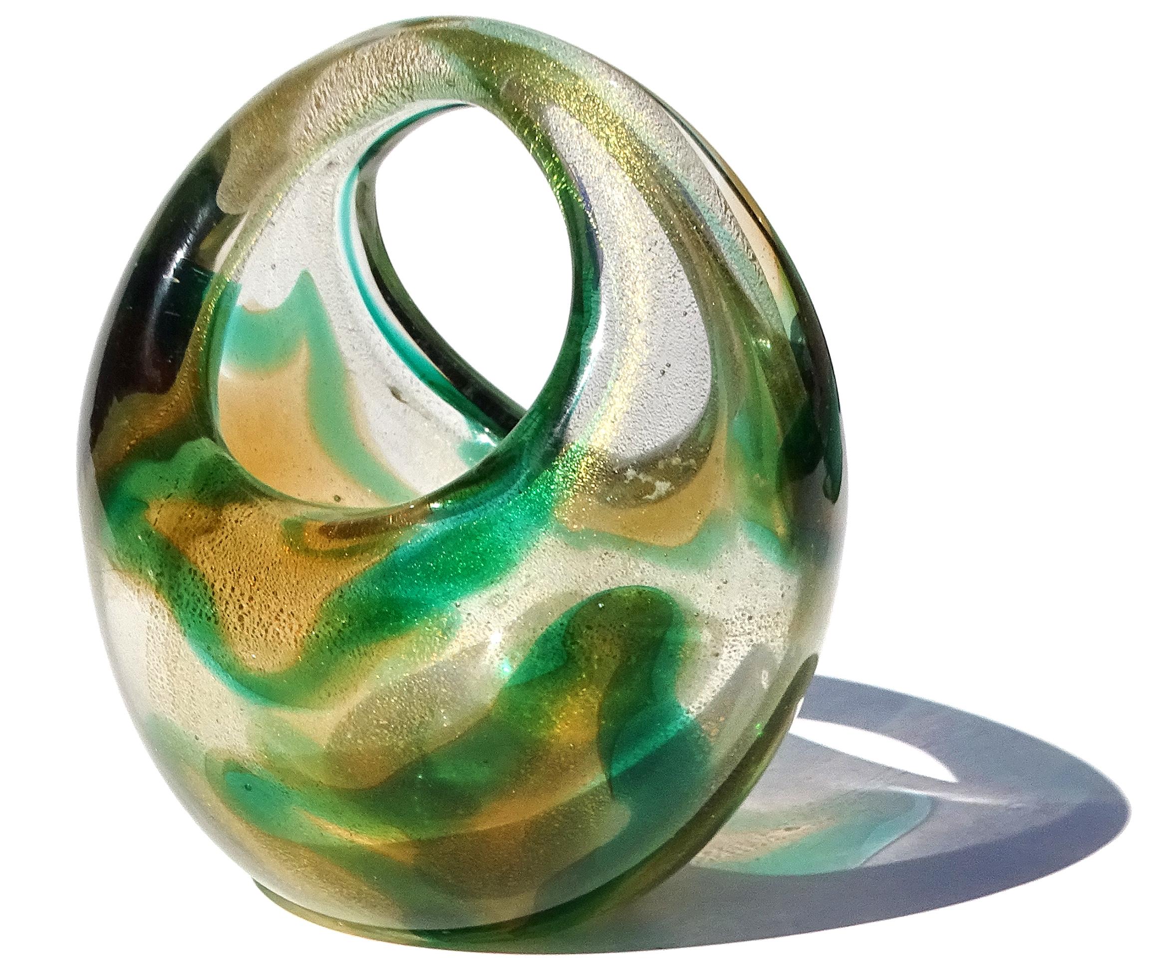 Mid-Century Modern Murano Seguso 1952 Macchia Ambra Verde Gold Flecks Italian Art Glass Basket Vase For Sale