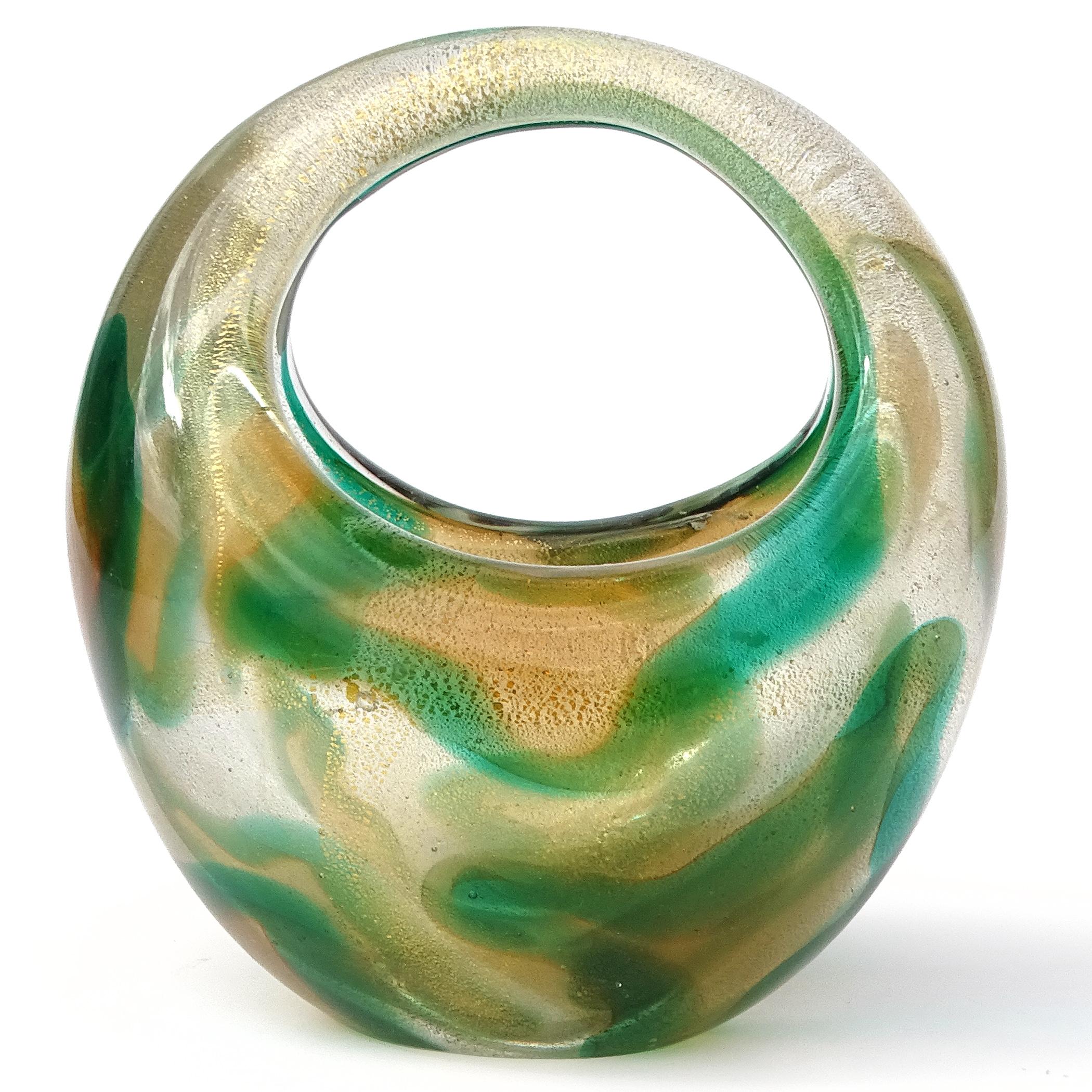 Hand-Crafted Murano Seguso 1952 Macchia Ambra Verde Gold Flecks Italian Art Glass Basket Vase For Sale