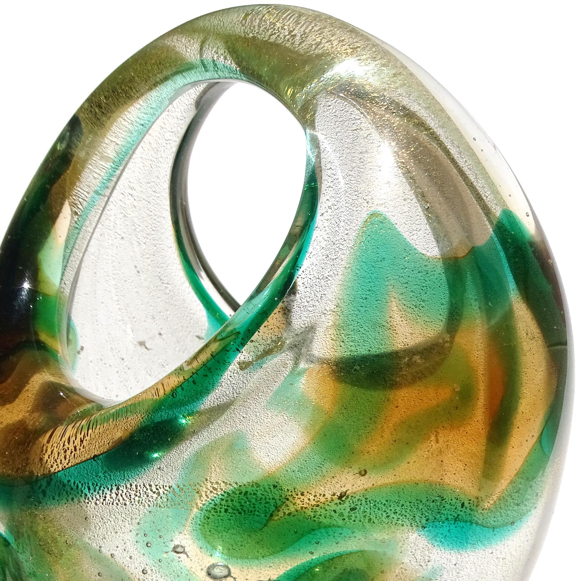 Mid-20th Century Murano Seguso 1952 Macchia Ambra Verde Gold Flecks Italian Art Glass Basket Vase For Sale