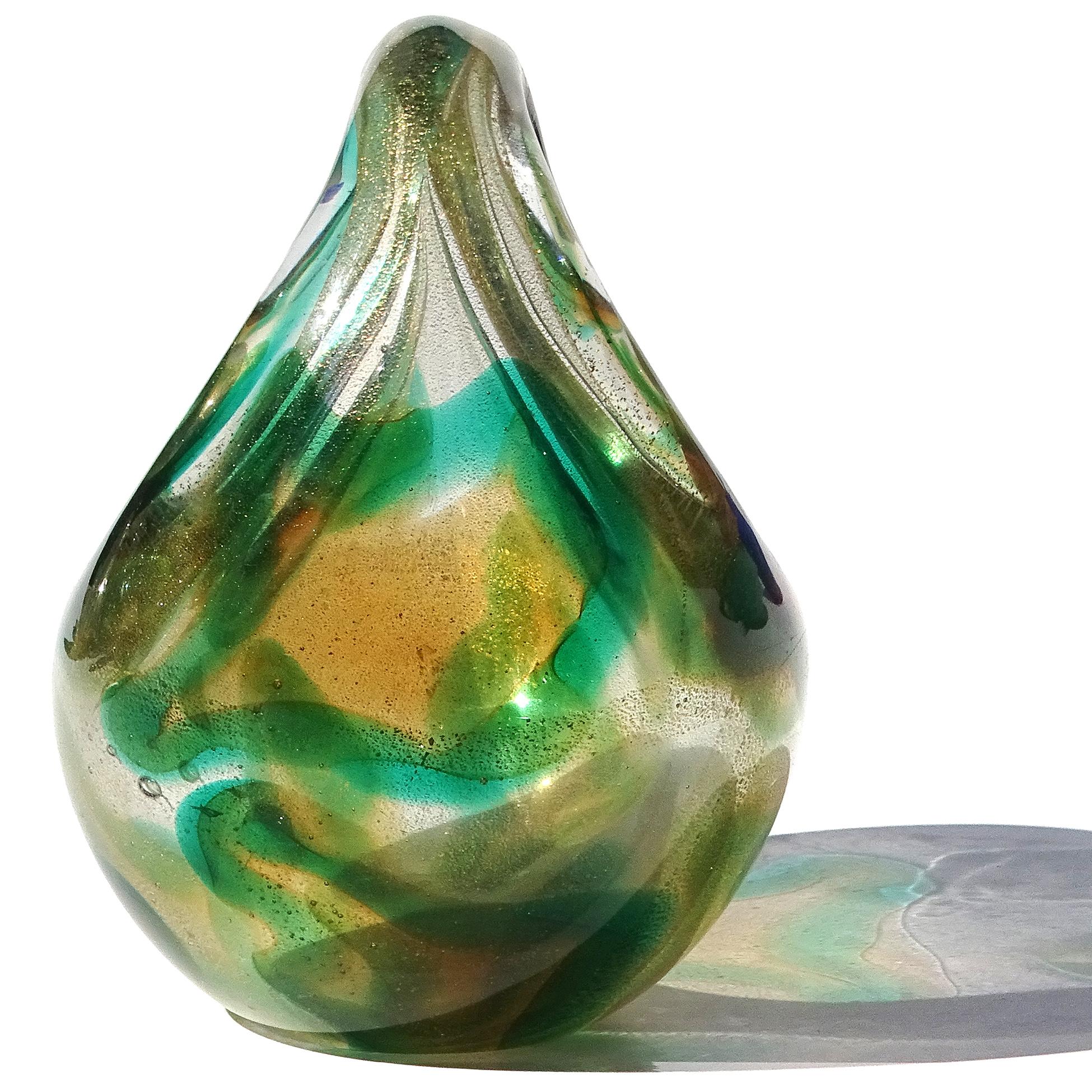 Murano Seguso 1952 Macchia Ambra Verde Gold Flecks Italian Art Glass Basket Vase For Sale 1