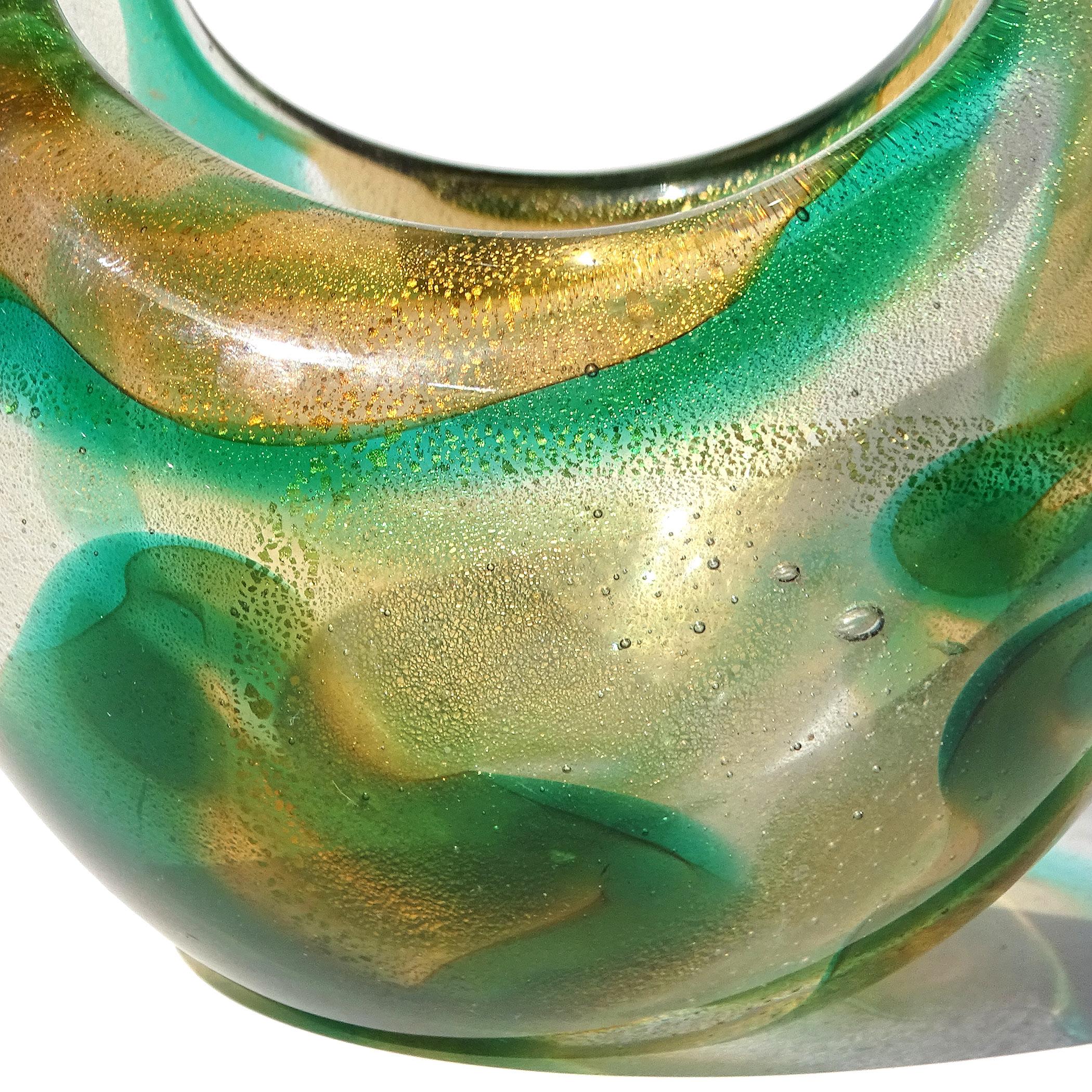 Murano Seguso 1952 Macchia Ambra Verde Gold Flecks Italian Art Glass Basket Vase For Sale 2
