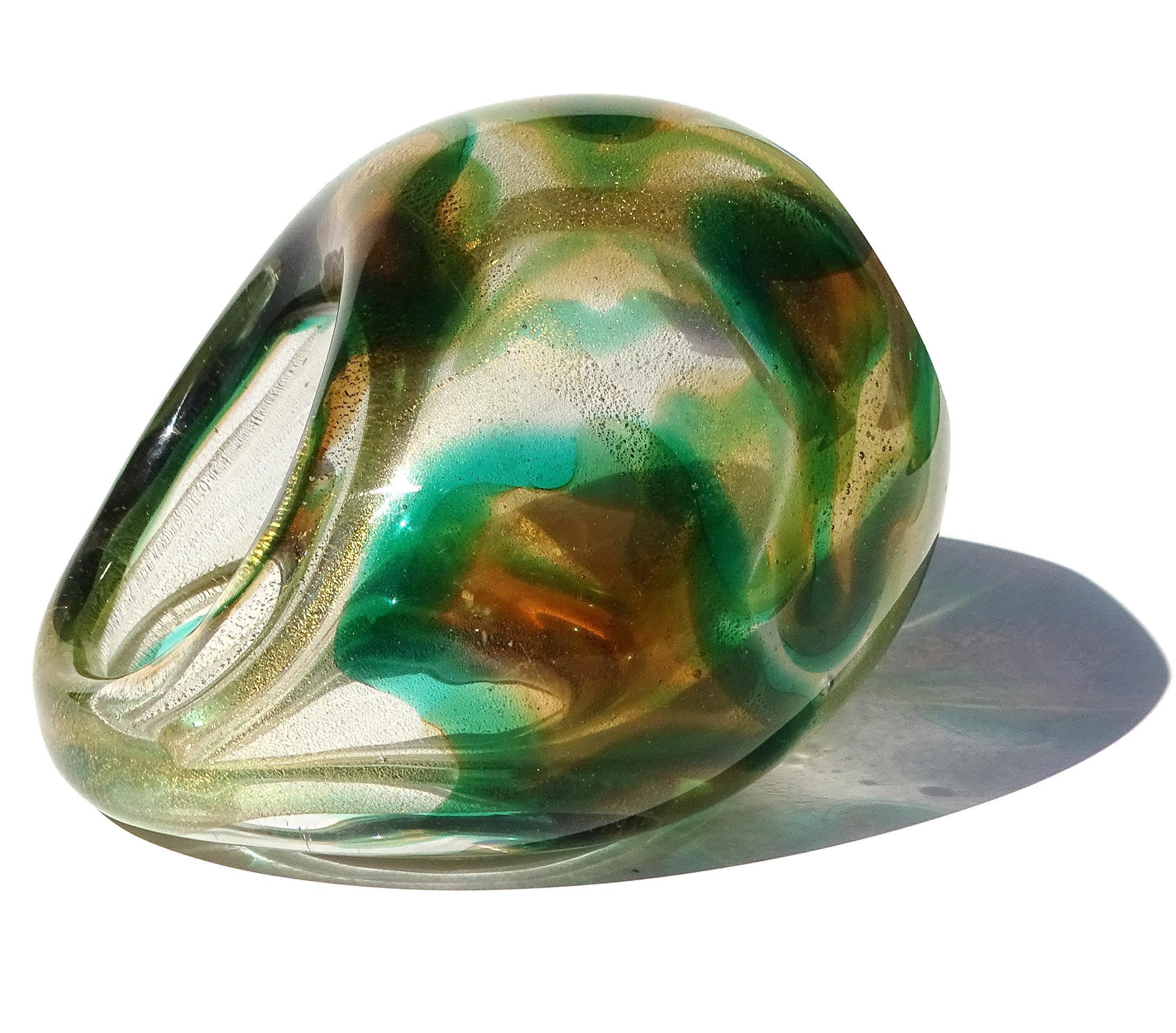 Murano Seguso 1952 Macchia Ambra Verde Gold Flecks Italian Art Glass Basket Vase For Sale 3