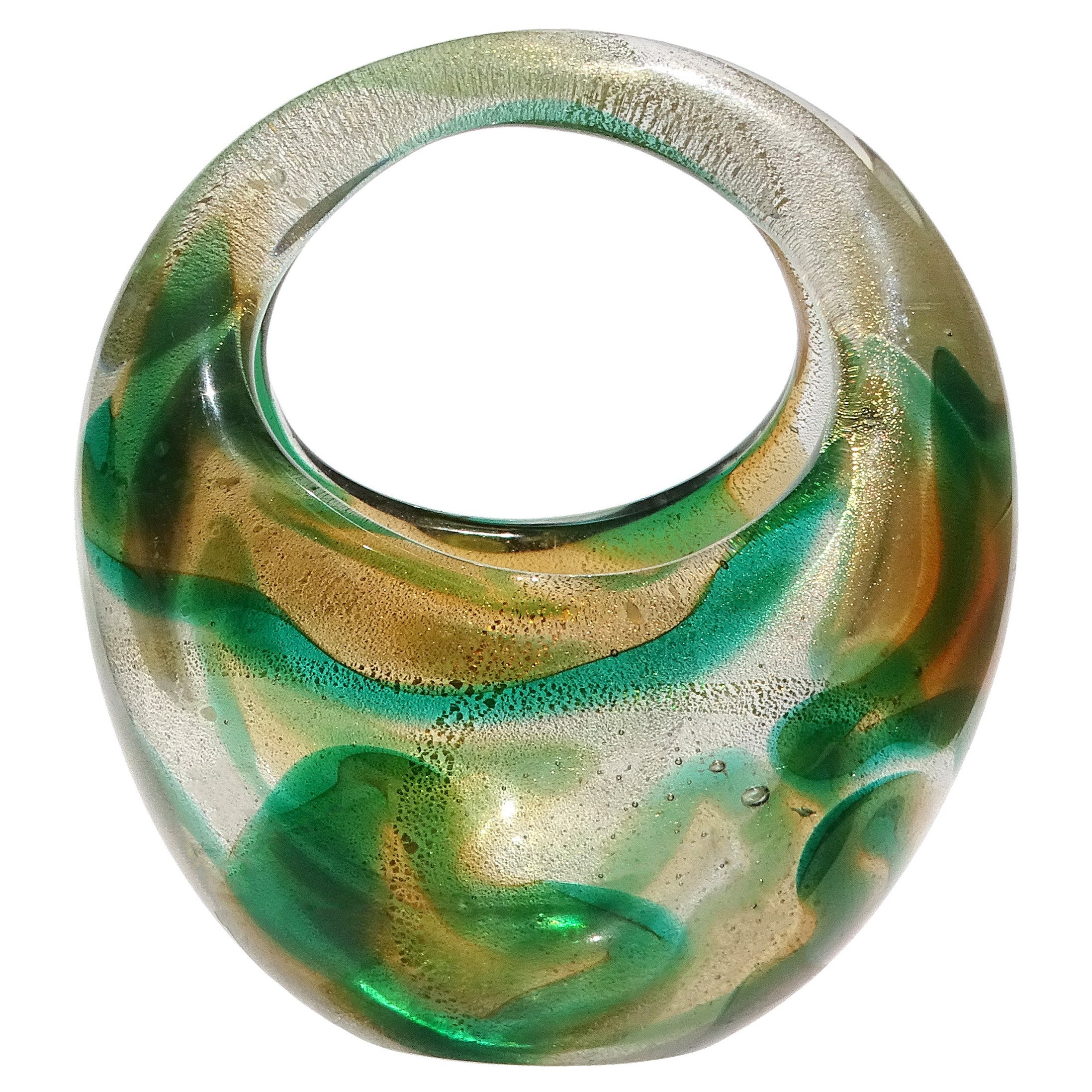 Murano Seguso 1952 Macchia Ambra Verde Gold Flecks Italian Art Glass Basket Vase For Sale