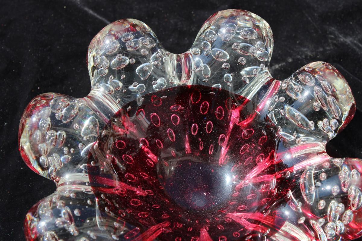 Bol Murano Seguso bulles d'air à l'intérieur du verre trasparent rouge design italien.