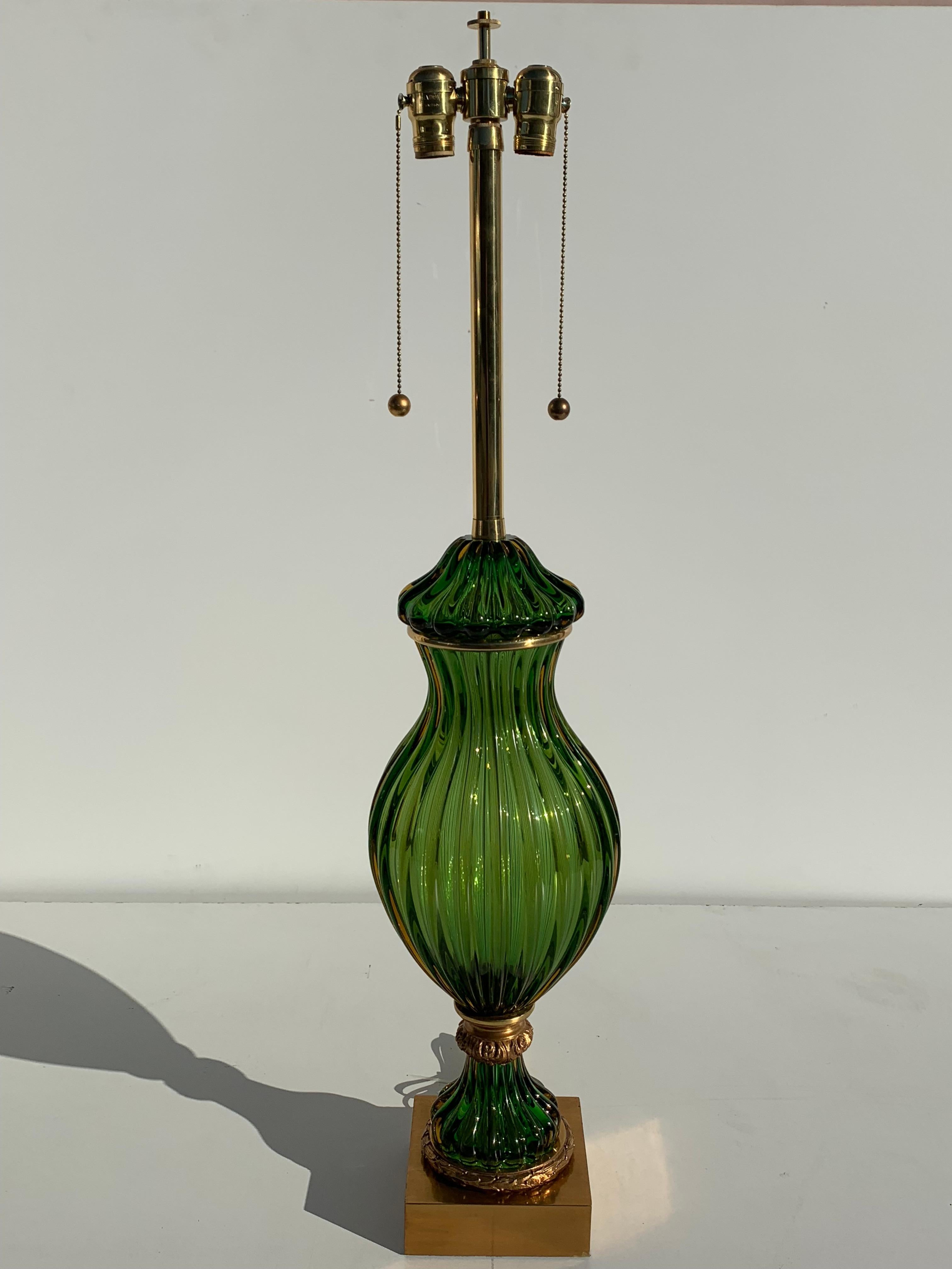 Pair of Murano Seguso Green Glass Lamp for Marbro In Good Condition In North Hollywood, CA