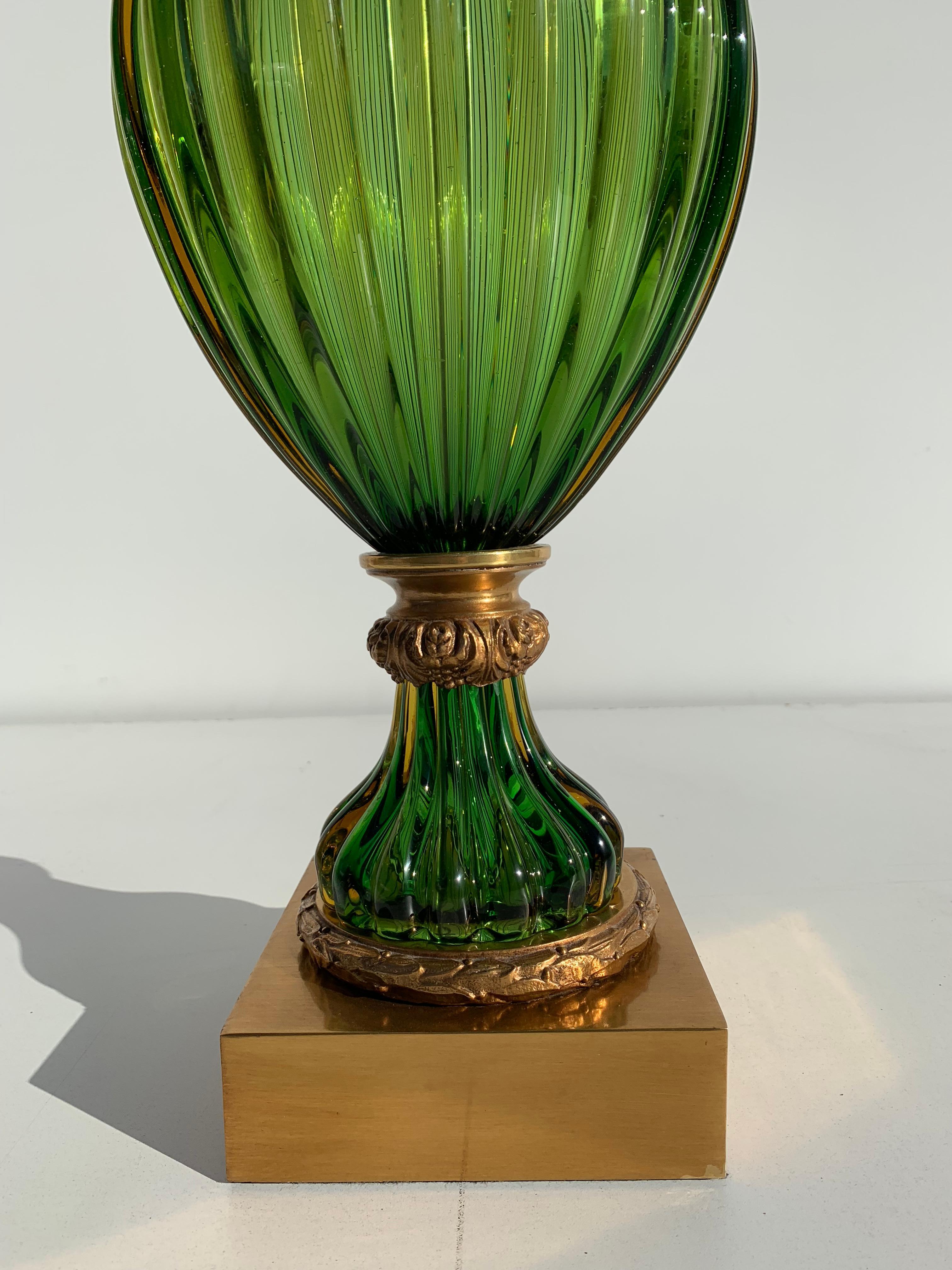 Blown Glass Pair of Murano Seguso Green Glass Lamp for Marbro