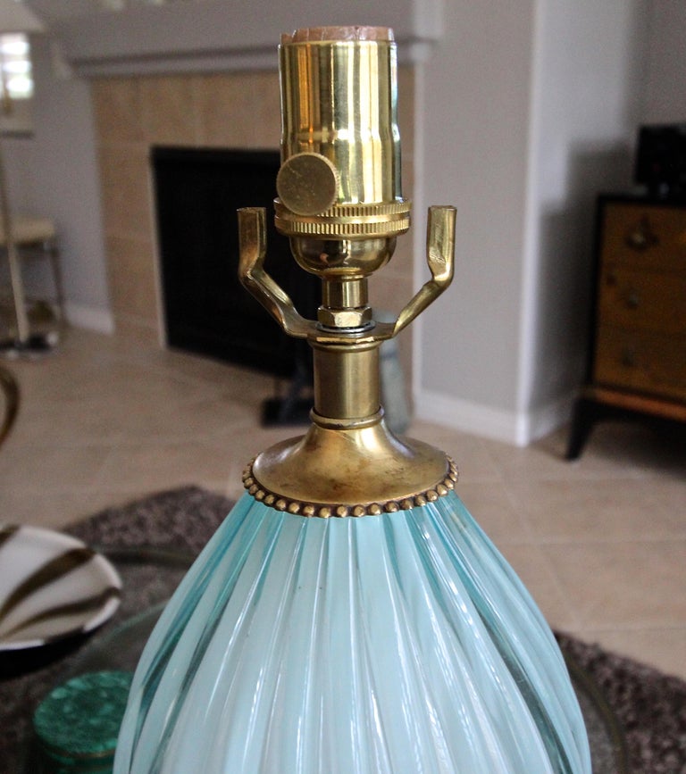 Murano Seguso Italian Baby Blue Glass Ribbed Table Lamp For Sale at 1stDibs