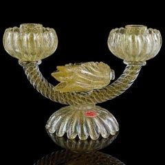 Murano Seguso Labels Gold Flecks Flower Italian Art Glass Double Candlestick