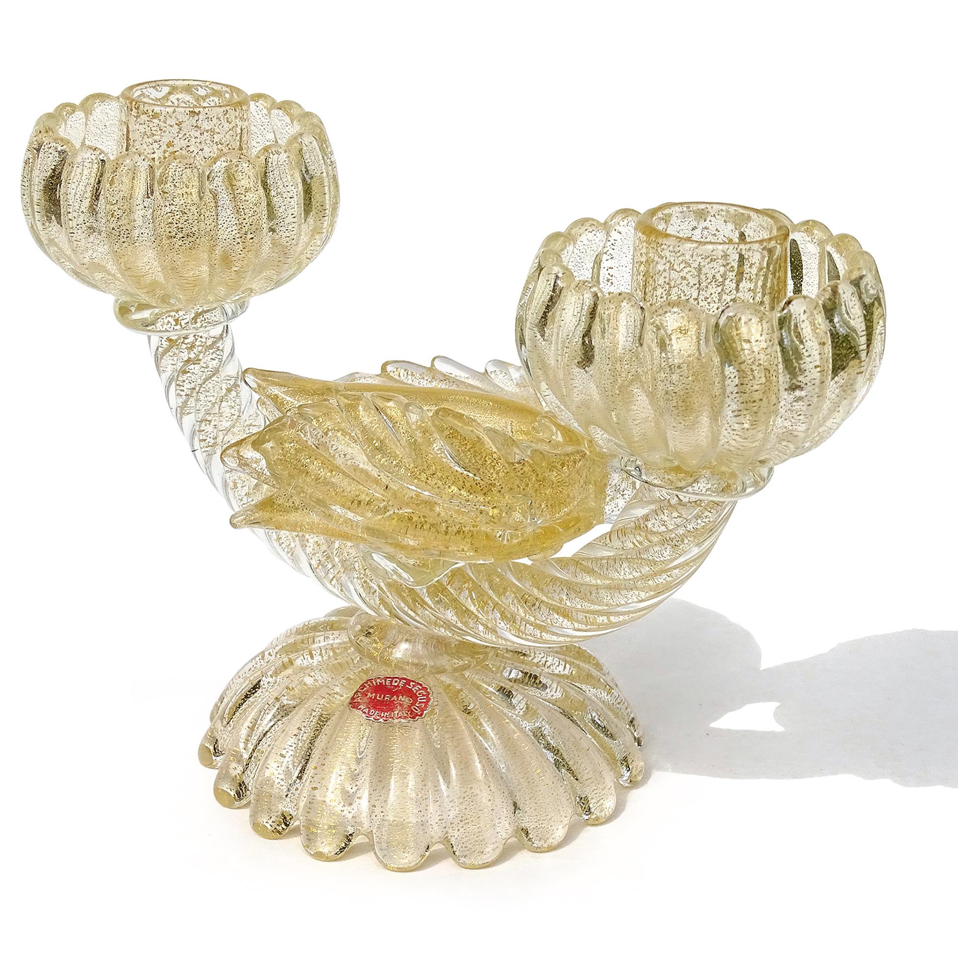 Mid-Century Modern Murano Seguso Labels Gold Flecks Flower Italian Art Glass Double Candlestick For Sale