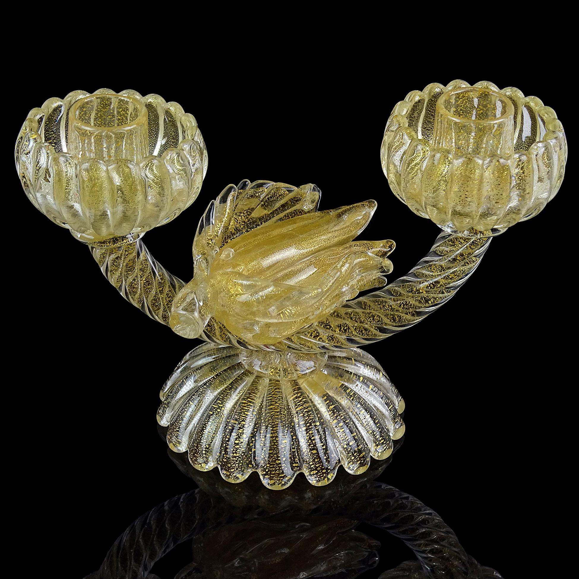 Hand-Crafted Murano Seguso Labels Gold Flecks Flower Italian Art Glass Double Candlestick For Sale