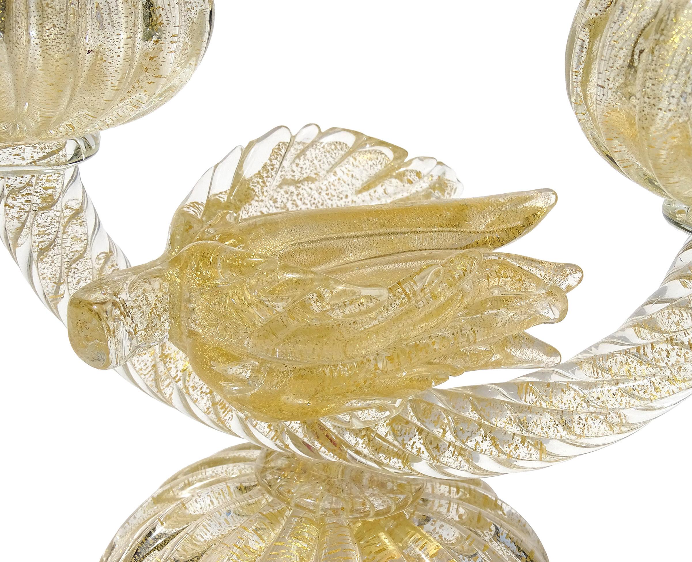 Murano Seguso Labels Gold Flecks Flower Italian Art Glass Double Candlestick In Good Condition For Sale In Kissimmee, FL
