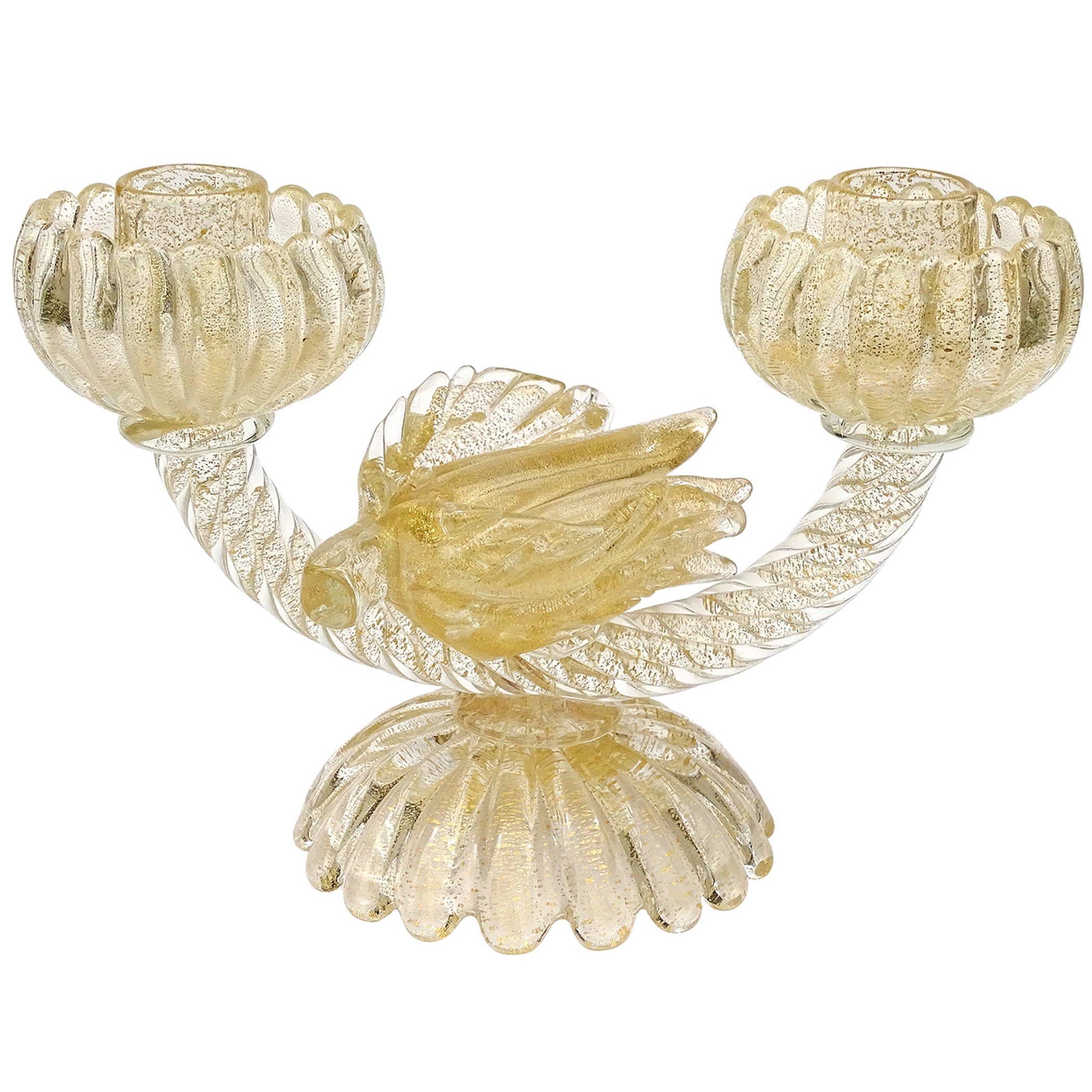Murano Seguso Labels Gold Flecks Flower Italian Art Glass Double Candlestick For Sale