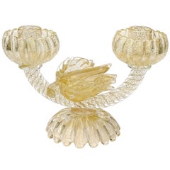 Murano Seguso Labels Gold Flecks Flower Italian Art Glass Double Candlestick
