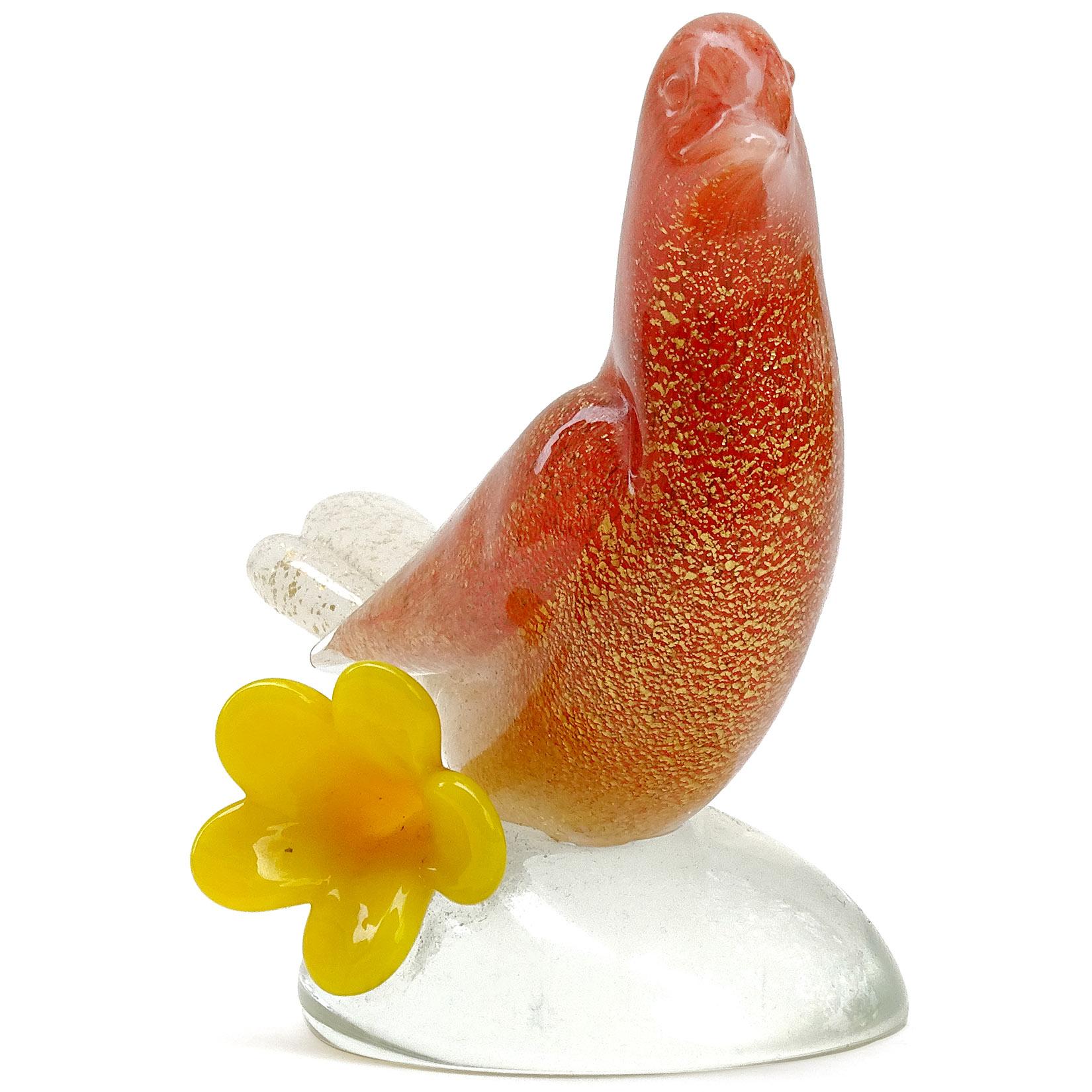 Italiano Murano Seguso Orange White Gold Italian Art Glass Bird with Flower Sculpture in vendita