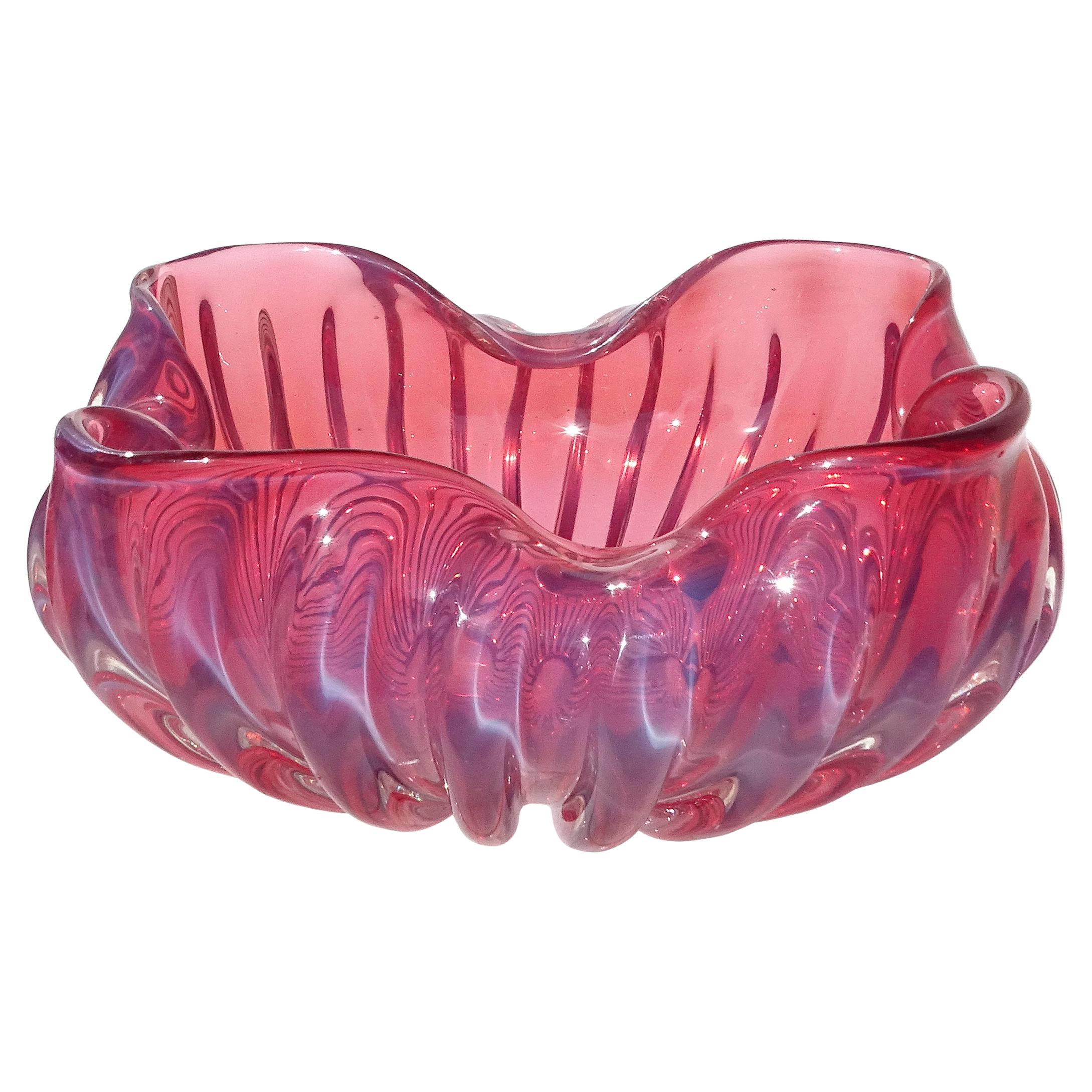 Murano Seguso Pink Bluish Opaline Italian Art Glass Ribbed Folded Rim Bowl
