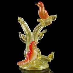Murano Seguso Red Orange Gold Flecks Italian Art Glass Birds on Tree Sculpture