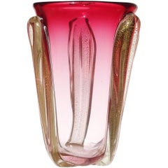 Murano Seguso Red to Pink Sommerso Gold Flecks Italian Art Glass Flower Vase