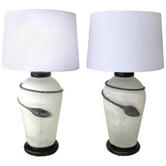 Murano Seguso Scavo Glass Table Lamps on Lacquered Bases, a 1980s Pair