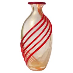 Murano Seguso Signed Red Swirl Bands Gold Flecks Italian Art Glass Flower Vase
