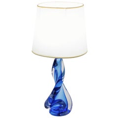 Murano Seguso Vetri d'Arte Sommerso Blue and Clear Glass Twisted Table Lamp