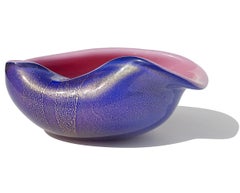 Murano Seguso Vintage 1956 Sapphire Blue Pink Gold Flecks Italian Art Glass Bowl