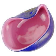 Murano Seguso Vintage 1956 Sapphire Blue Pink Gold Flecks Italian Art Glass Bowl