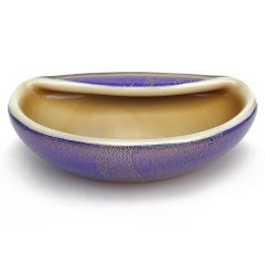 Murano Seguso Vintage 1956 Azul zafiro Tan Motas de oro Tazón de vidrio artístico italiano
