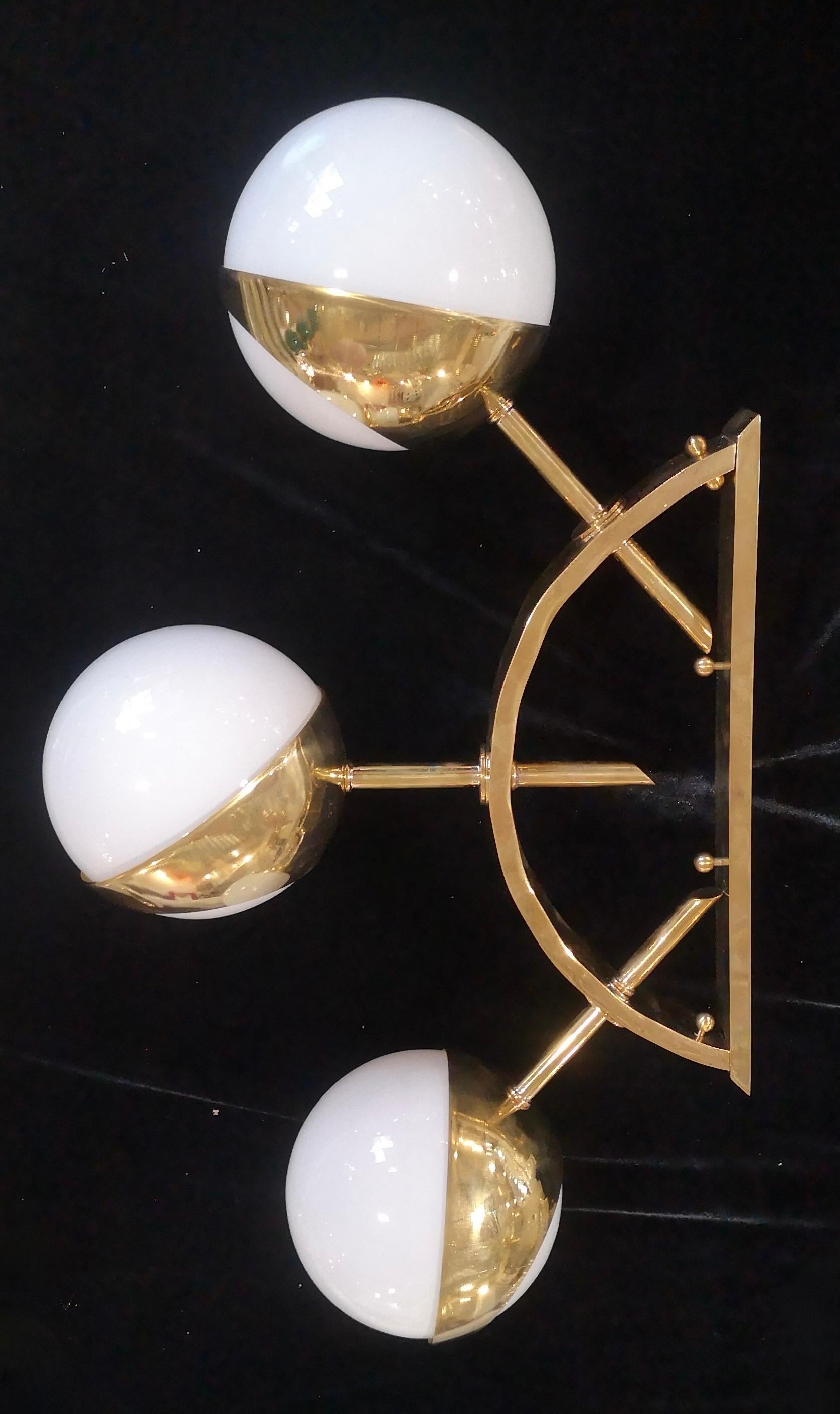 Mid-Century Modern Murano Semicircle Art White Glass and Brass MidCentury Wall Light, 2000 For Sale