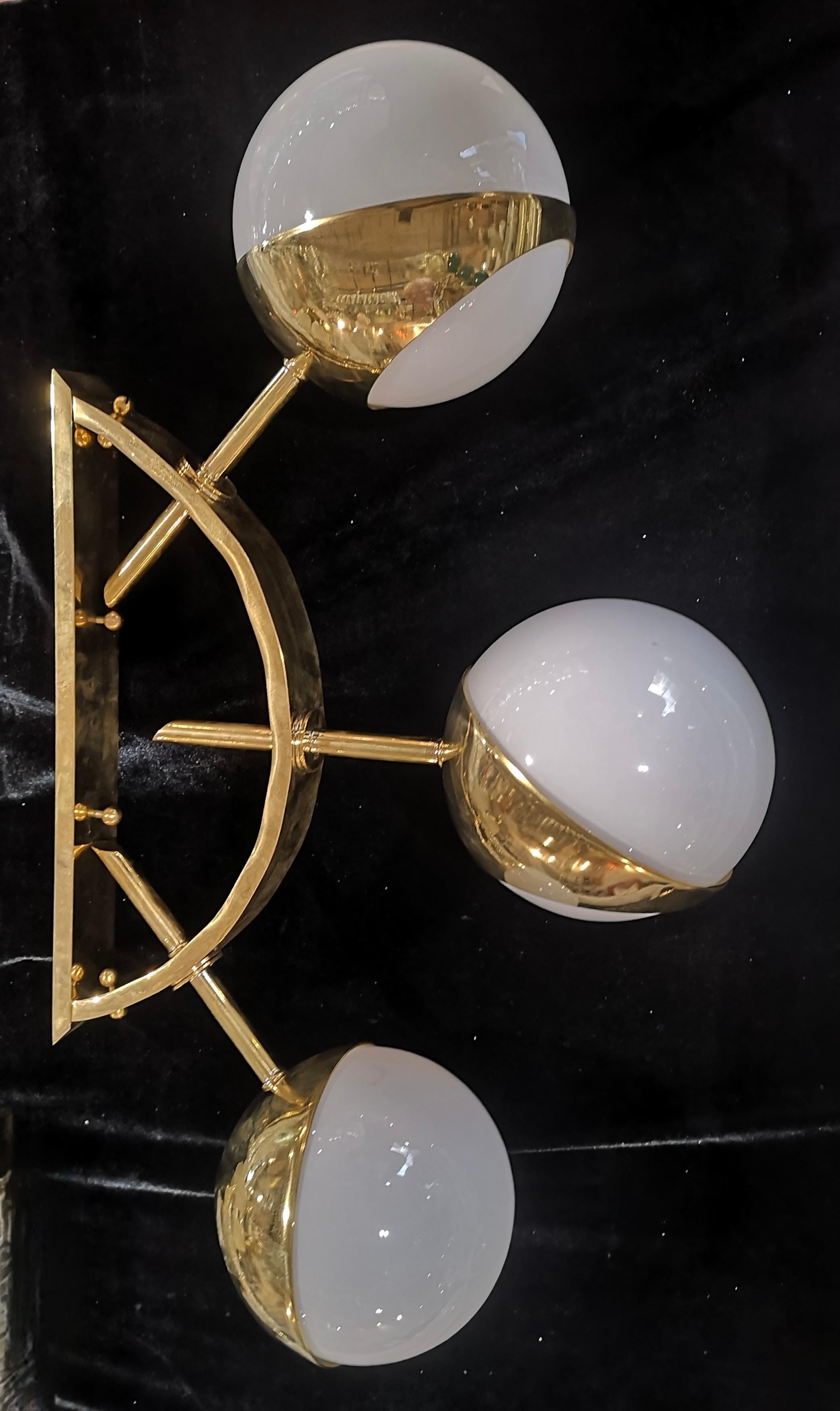 Italian Murano Semicircle Art White Glass and Brass MidCentury Wall Light, 2000 For Sale