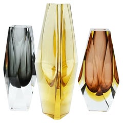 Murano, Set of 3 Faceted Sommerso Glass Vases, Mandruzzato, Italy, 1970