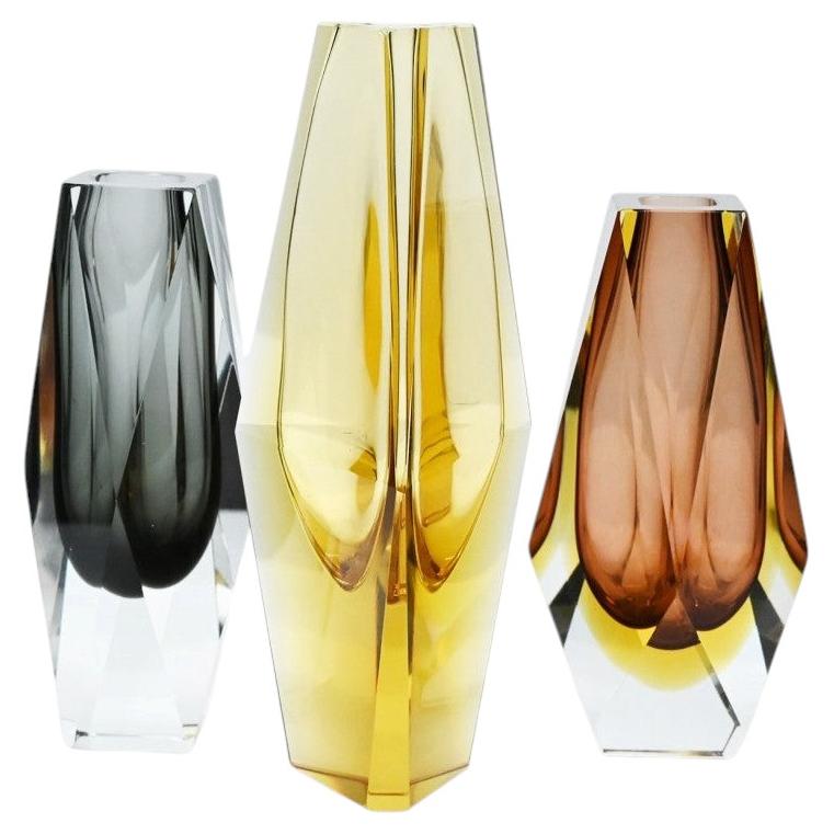 Murano, Set of 3 Faceted Sommerso Glass Vases, Mandruzzato, Italy, 1970