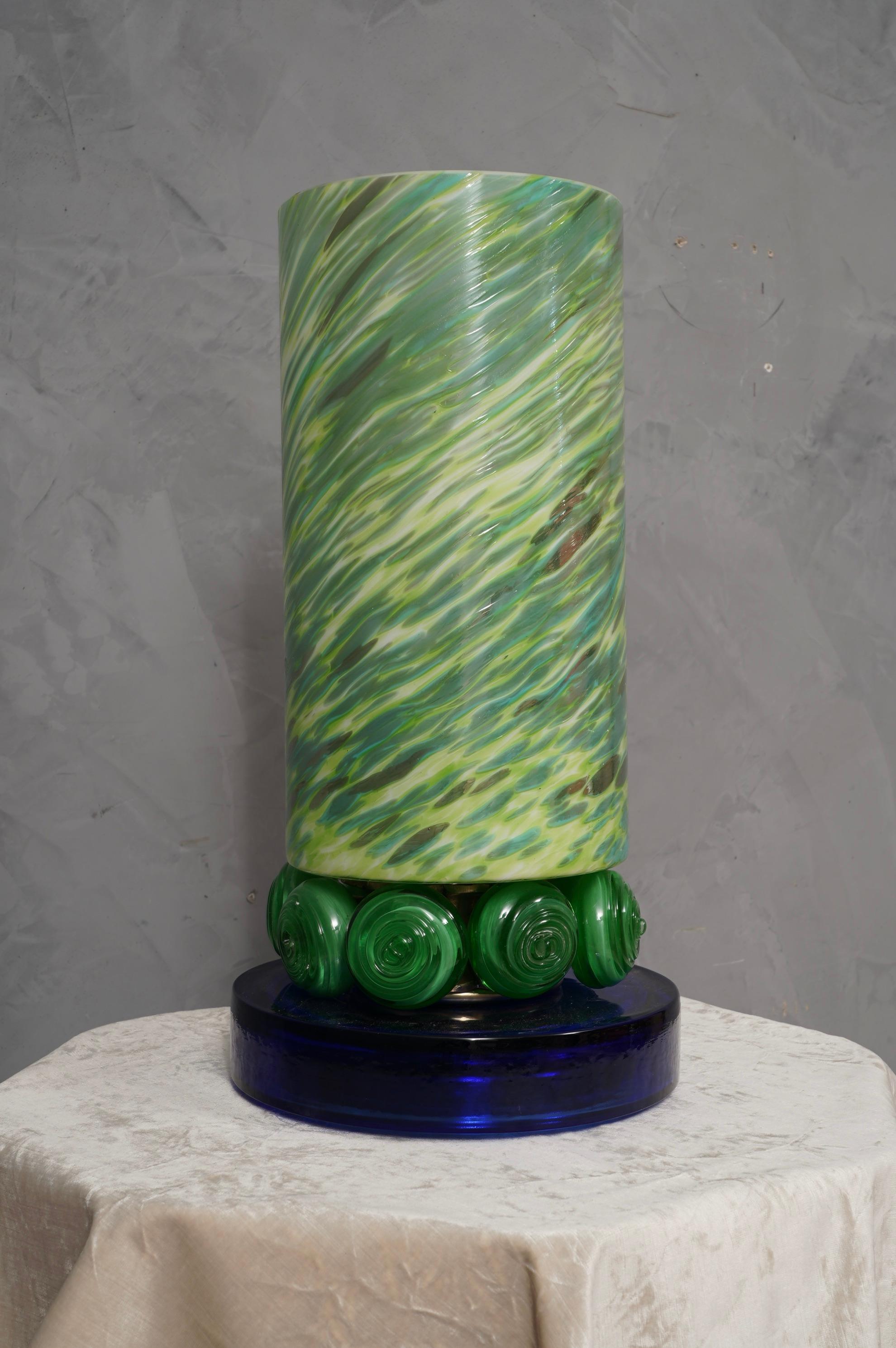 Mid-Century Modern Murano Shades of Green and blu Glass Table Lamp, 1980 For Sale