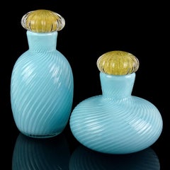 Murano Signed 1985 Light Blue Gold Leaf Stopper Italian Art Glass Vanity Bottles