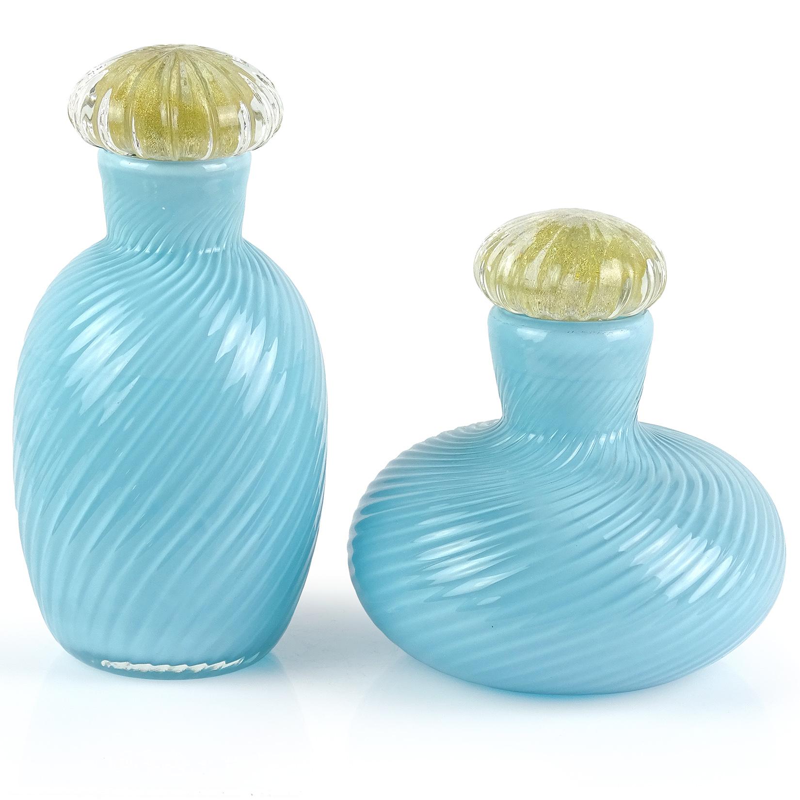 Mid-Century Modern Murano Signed 1985 Light Blue Gold Leaf Stopper Italian Art Glass Vanity Bottles For Sale