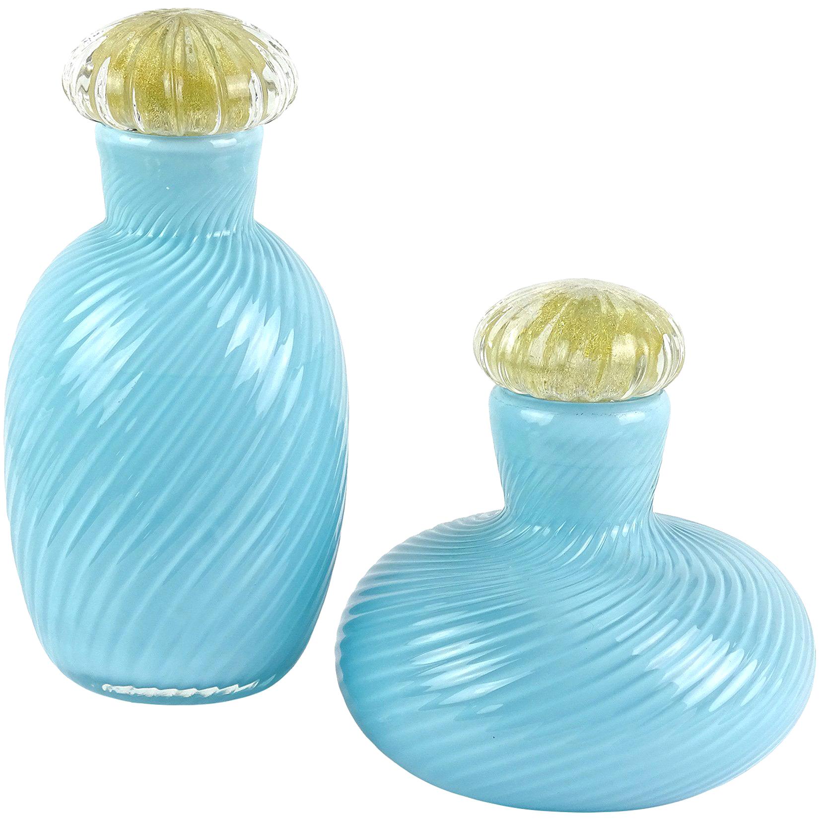 Murano Signed 1985 Light Blue Gold Leaf Stopper Italian Art Glass Vanity Bottles For Sale